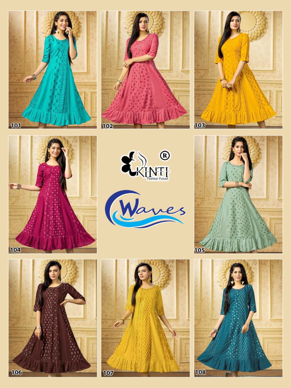 Kinti Waves Rayon Printed Ethnic Wear Designer Latest Anarkali Kurti Collection